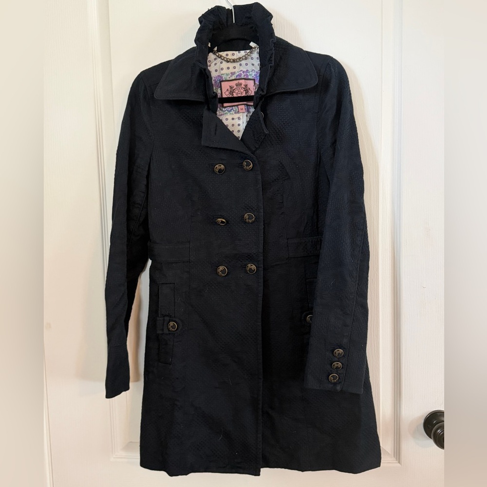 Juicy Couture Dark Navy Double-Breasted Ruffle Collar Military/Pea Coat Size M